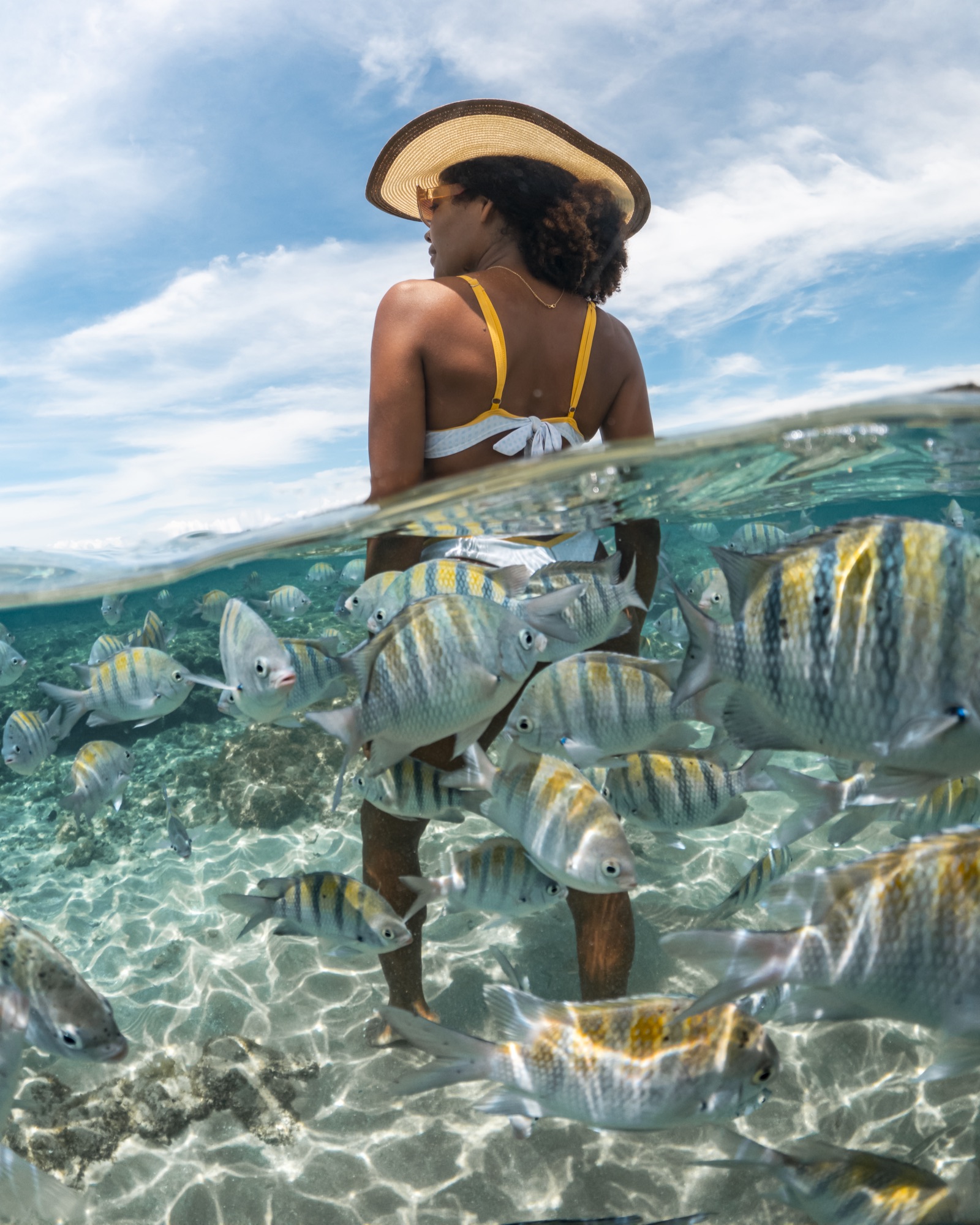 Ensaio subaquático de casal entre os peixes das piscinas naturais